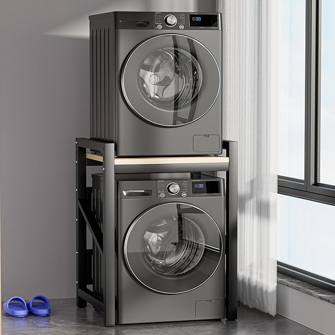 Over The Washer and Dryer Storage Shelf, Widen & 3 Height Adjustable Stacking Rack, Space Saver Washer Dryer Stacking Kit, Thicker Metal Washer Shelf for within 29.5" width (Black, 29.5 Inch)