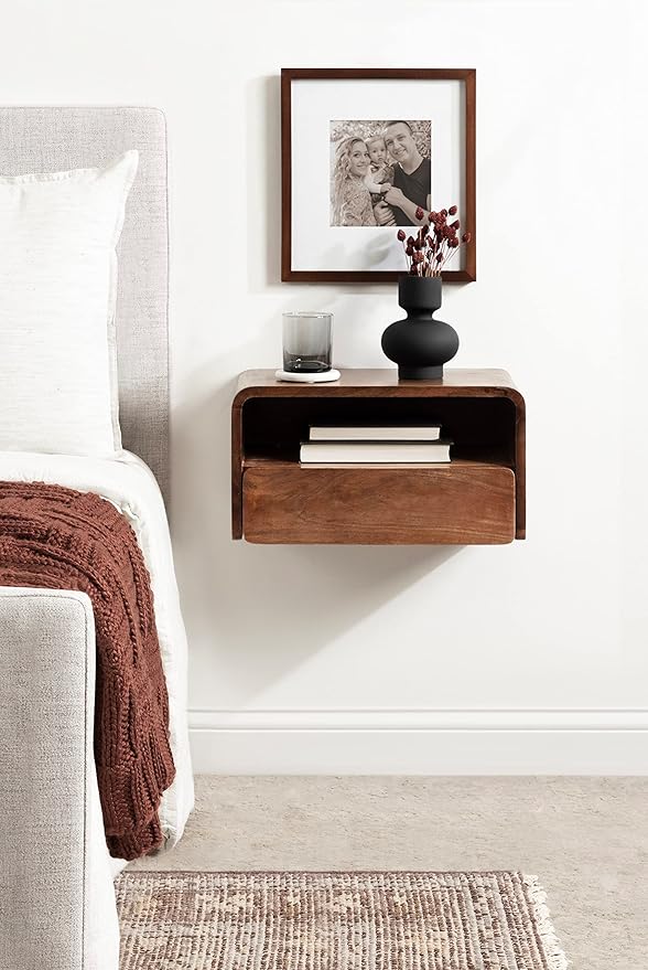 Kate and Laurel Kato Modern Wood Floating Side Table with Drawer; 18 x 10 x 9; Walnut Brown; Contemporary Wooden Floating Nightstand for Bedroom Bedside Table
