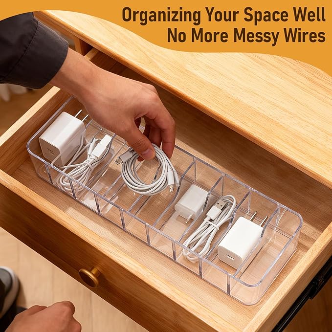 2 Pack Cable Organizer Box, Plastic Cord Storage Box with Lid, Clear Charging Cord Organizer with 8 Compartments and 20 Wire Ties, Charger Organizers for Home Office Drawer Desk Accessories