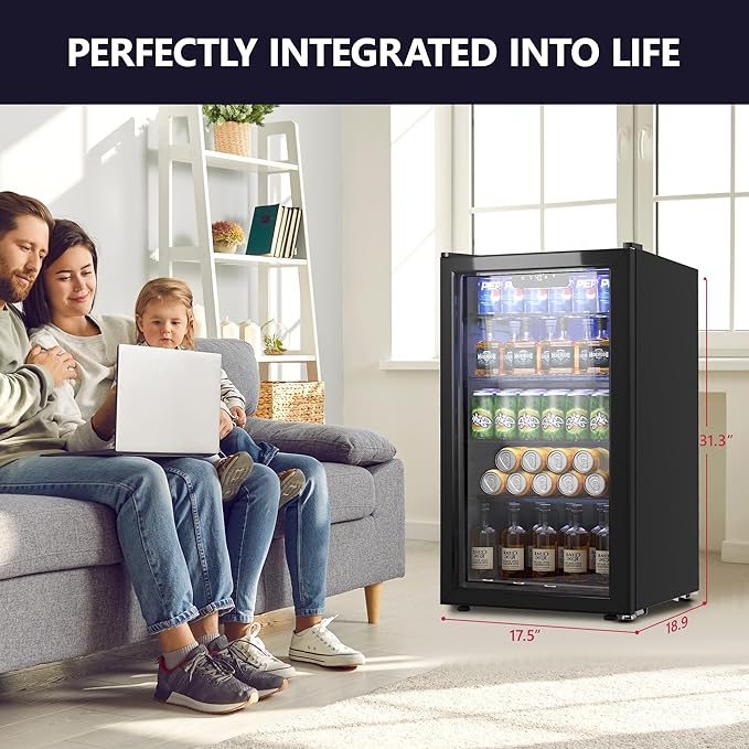 Beverage Refrigerator Cooler, 126 Can Mini Fridge with Glass Door for Wine, Soda Beer, Beverage Cooler for Home, Bar, Office with Adjustable Removable Shelves, Black