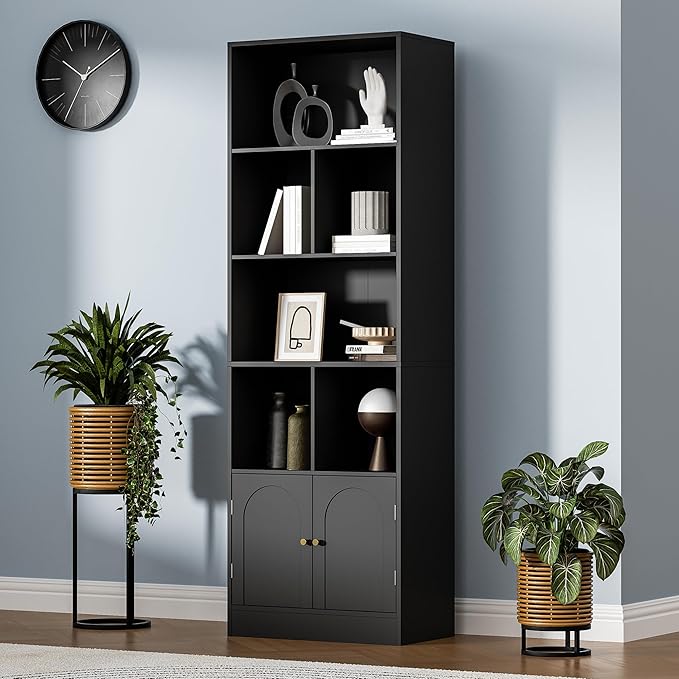 71" Tall Bookshelf with 6 Cubes and 2 Doors, 4-Tier Bookshelf, Open Shelf Bookcase with Cabinet, Modern Cube Storage Organizer for Living Room, and Office, Black