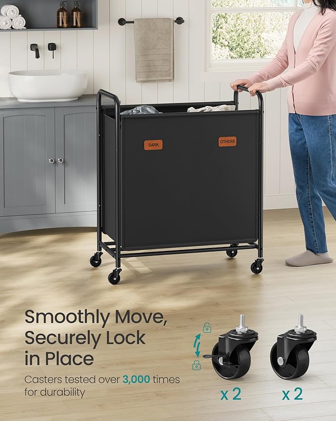 SONGMICS 2-Section Laundry Sorter, Laundry Hamper with Wheels, Rolling Clothes Hamper Cart with Large Capacity and Removable Bags, for Laundry Room, Bedroom, Bathroom, Ink Black URLS210B01
