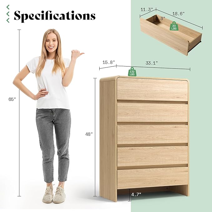 AMERLIFE 5 Drawer Dresser for Bedroom, 48" Tall Modern Chest of Storage Drawers with Rounded Corners, Anti-Tip Kit, Wood Cabinet Organizer for Closet, Apartment, Nursery, Easy Assembly, Light Oak