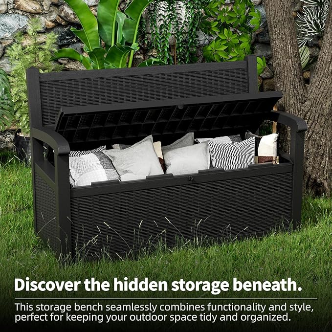 Outdoor Storage Bench - Waterproof Resin Patio Bench, Multi-Functional Patio Bench with Storage for Garden, Deck, or Entryway