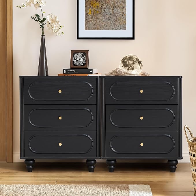 Fluted 3 Drawer Dresser for Bedroom, Modern Mid Century Chest of Drawers, Wood Storage Small Dresser Organizer for Bedroom Living Room Hallway Closet, Black