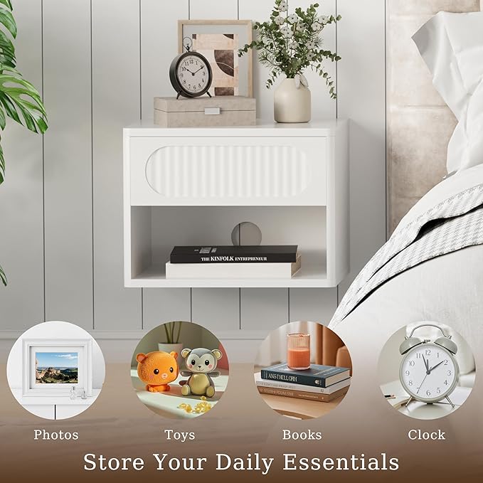 Floating Nightstands with Drawer Set of 2, Modern Wall Mounted Bedside Tables for Bedroom, Space Saving Storage Cabinets, Easy Install Hanging Shelf Night Stands for Small Spaces (White)