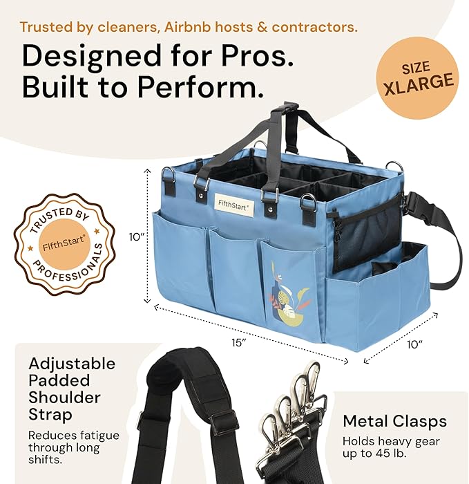 FifthStart Multiuse Organizer Bag - X-Large, Blue - 9 Pockets & Mesh Base for Cleaning Supply Organizer - Adjustable Waist & Shoulder Straps for Cleaning Caddy - Use as Housekeeping Caddy