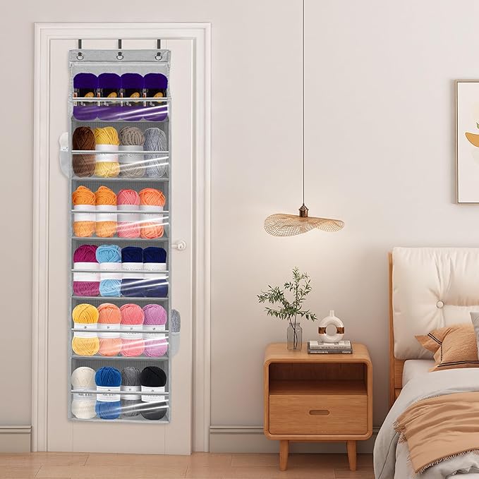 Over Door Organizer with 6 Extra Large Pockets 12 Side Pockets, 2-Pack Sturdy Closet Rack, Hanging Storage Organizer with Clear Window for Shoes, Diapers, Toys, Bedroom, Bathroom, Grey