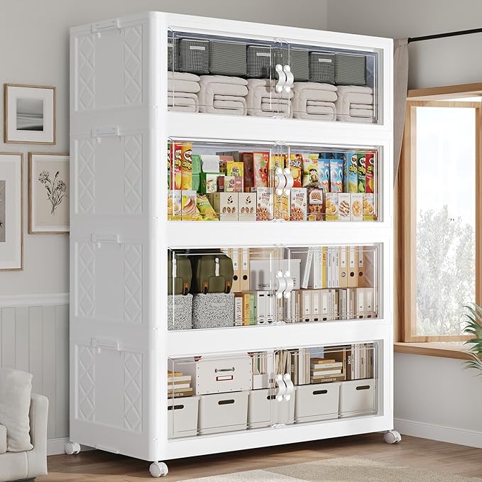 480QT Extra Large Stackable Storage Bins with Lid, 120Gal Collapsible Closet Organizer Box with Wheels, Folding Plastic Storage Cabinet with Doors for Home Kitchen Office Dorm, 4Pack White