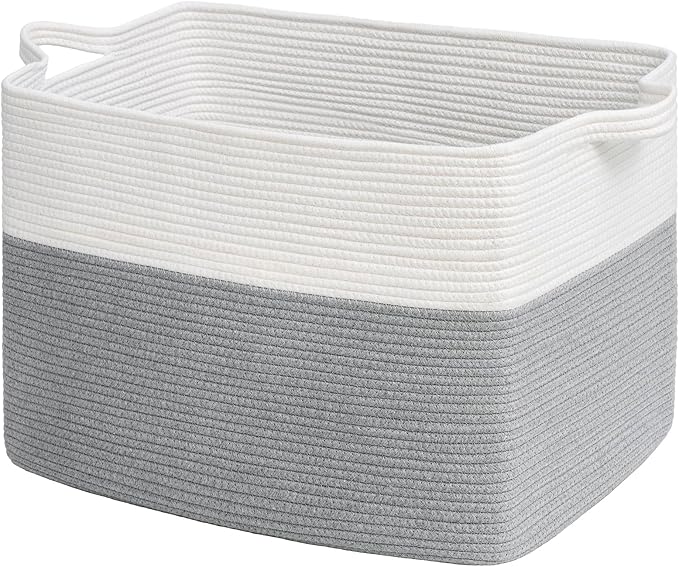 Goodpick 105L Extra Large Woven Blanket Basket Cotton Rope Storage Baskets for Organizing, Rectangle Baby Laundry Basket for Living Room Home Decor, 25"x16"x16", White & Gray