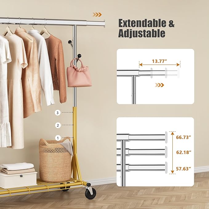 Rolling Clothes Rack Load 530lbs,Heavy Duty Garment Rack With Sturdy Wheel And Shelves, Adjustable Portable Hanging Rack For Clothes, Stainless Steel, Gold