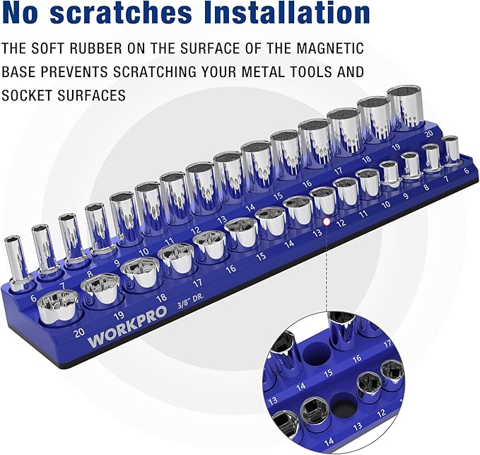 WORKPRO Magnetic Socket Organizer, 3/8-Inch Metric Socket Holder, Socket Trays Holds 30 Pieces Standard Size and Deep Size Sockets(Sockets not Included)