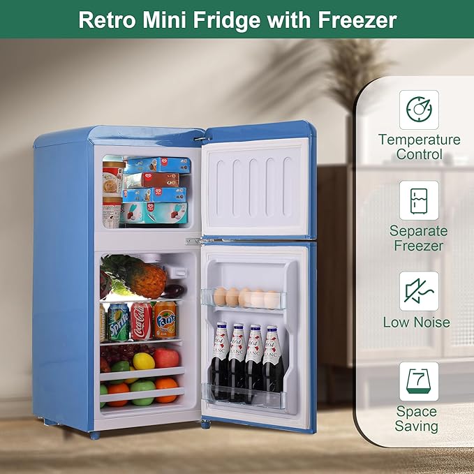 Retro Mini Fridge with Freezer, 3.2 Cu. Ft. Small Retro Refrigerator with Freezer 7-Level Adjustable Thermostat, Compact 2-Door Vintage Fridge Apartment Refrigerator for Home, Office, RV, Blue