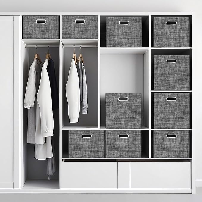 Posprica Closet Storage Bins, 4 Pack Large Closet Shelf Organizers, Linen Fabric Decorative Storage Baskets for Organizing, Foldable Storage Box for Clothes, Toy, 16.5x12x10.25 Inch (Black)
