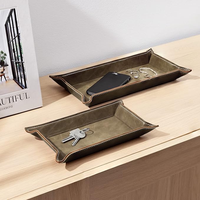 Navaris Faux Leather Valet Tray Set of 2 - Catch All Tray for Key Entryway Table Nightstand - Catchall for Keys Watch Remote Phone - Valet Storage for Men - Mens Storage Dish