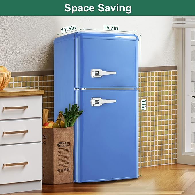 Retro Mini Fridge with Freezer, 3.2 Cu. Ft. Small Retro Refrigerator with Freezer 7-Level Adjustable Thermostat, Compact 2-Door Vintage Fridge Apartment Refrigerator for Home, Office, RV, Blue