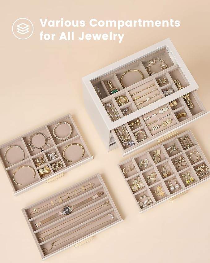 Lolalet Jewelry Box Organizer, 6-Layer Jewelry Organizers and Storage Case with Glass Lid, Ring Earring Bracelet Necklace Holder Organizer, Birthday Christmas Gifts for Women Girls -6Layer, Beige