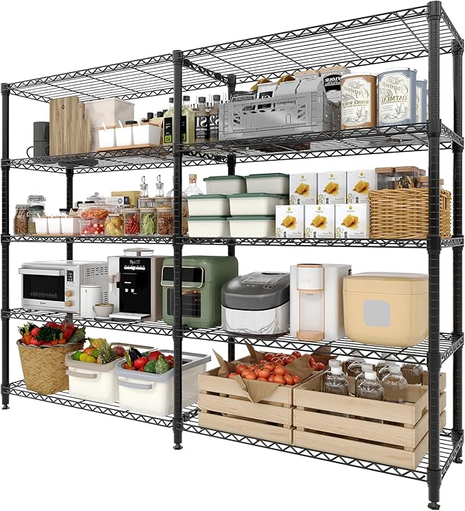 5-Tier Storage Shelving Unit Metal Shelves 59" W Wire Shelving, 70" H L-Shaped Pantry Shelves Kitchen Storage Shelves for Home Commercial Garage Heavy Duty, 70.5" H x 59" W x 13.8" D