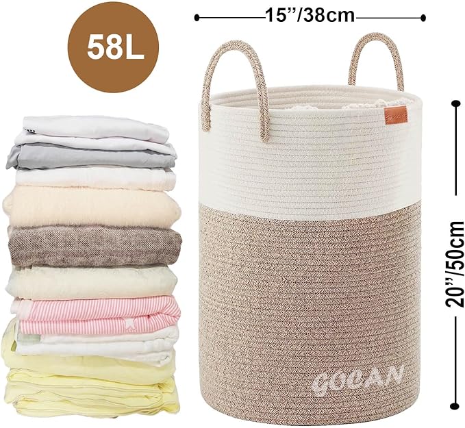 large tall sturdier Laundry Hamper Basket Woven Storage Baskets for clothes Pillows Blanket Toy in living or bed room decoration H50XD38cm borwn/beige