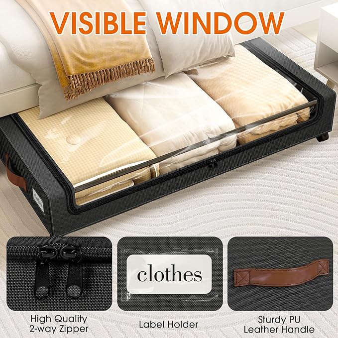 Under Bed Storage with Wheels 2Pack Storage Containers with Clear Window&Label Under Bed Drawers Rolling Under Bed Storage for Clothes,Shoes, Blankets (30.71 x 16.93 x 6.69 in, Black)