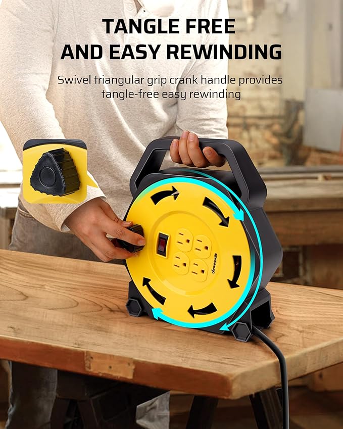 DEWENWILS Extension Cord Reel with 25 FT Power Cord, Hand Wind Retractable, 16/3 AWG SJTW, 4 Grounded Outlets, 13 Amp Circuit Breaker, Yellow, Black, UL Listed