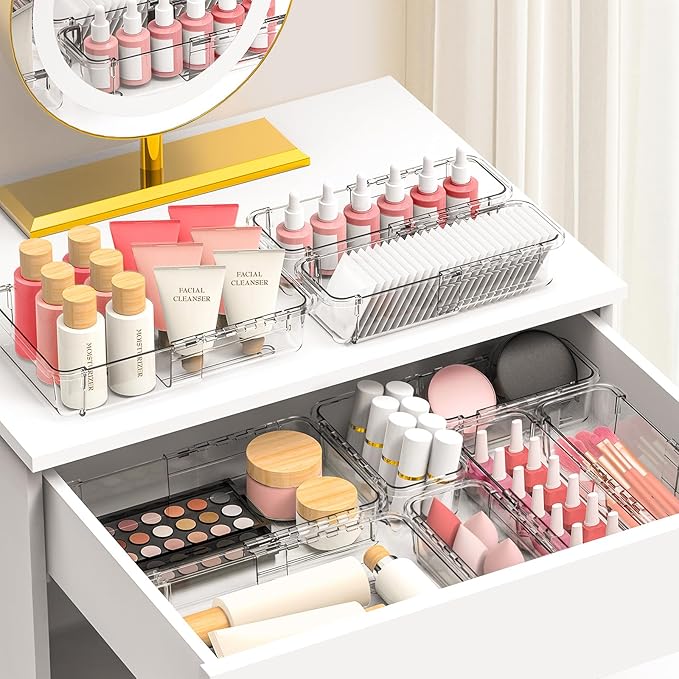 DILIBRA 12 Pcs Clear Extendable Drawer Organizer, Adjustable Drawer Storage 2-Size Desk Drawer Organizer, Plastic Non-Slip Storage Bins for Makeup, Cosmetic, Jewelries, Utensils, Stationery, Dressers