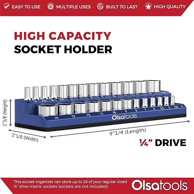 Olsa Tools Magnetic Socket Holder | 1/4-inch Drive | Metric | Blue | Holds 26 Sockets | Professional Quality Tools Organizer