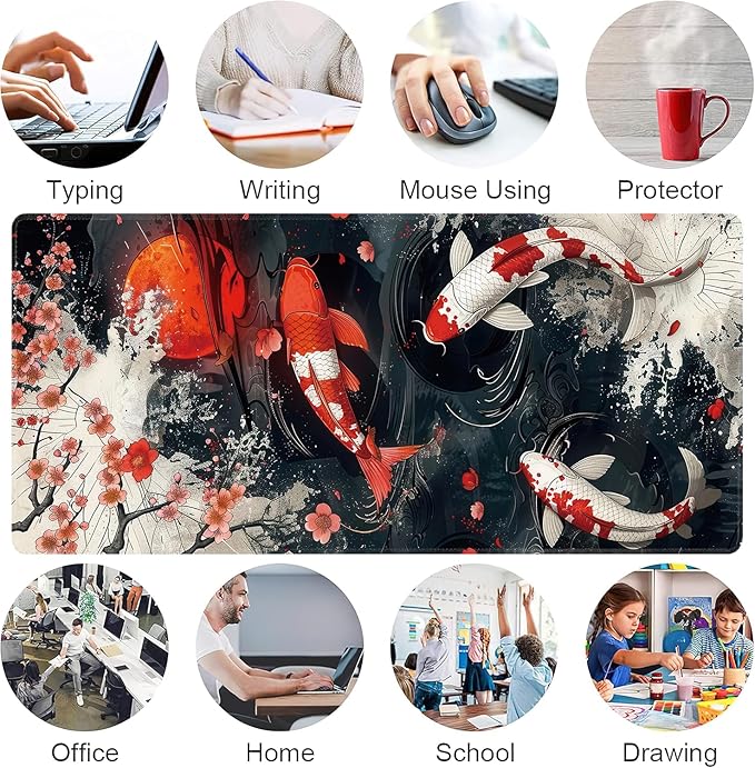 Koi Fish Large Mouse Pad,Gaming Keyboard Desk Pad,Extended Mouse Mat Non-Slip Rubber Base with Stitched Edges for Office Game Home XXL 35.4"x15.7"