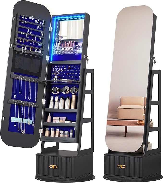 360°Swivel Jewelry Organizer with Full Length Mirror with Lights,Jewelry Armoires Cabinet Standing with Drawer,Large Mirror Storage for Jewelry and Makeup(Black)