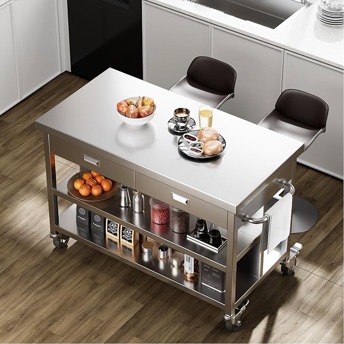 Stainless Steel Kitchen Island with Storage, Rolling Kitchen Island Cart on Wheels with 2 Drawers, Industrial Kitchen Cart, Commercial Portable Island for Kitchen, Bar, Outdoor Patio, 25 x 50 x 37 in