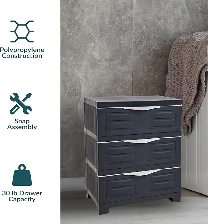 Sunnydaze 3-Tier Storage Cabinet with Drawers - Indoor or Garage Plastic Storage Drawers Organizer - 29.5" H - Garage, Office, Home, Laundry Room - Charcoal