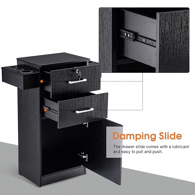 BarberPub 38"x18"x14" Locking Beauty Salon Storage Cabinet, Barber Styling Station with Nylon Hair Dryer Holder, Barber Shop Stylist Equipment with Drawers 2021 (Black)
