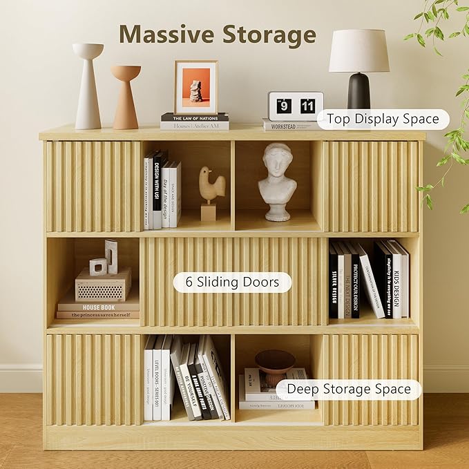 iPormis 12 Cube Bookcase with 6 Fluted Sliding Doors, 3 Tier Wooden Bookshelf, 47.2” Freestanding Cube Storage Organizer for Living Room, Office, Bedroom, Semi-Open Bookshelves, Natural