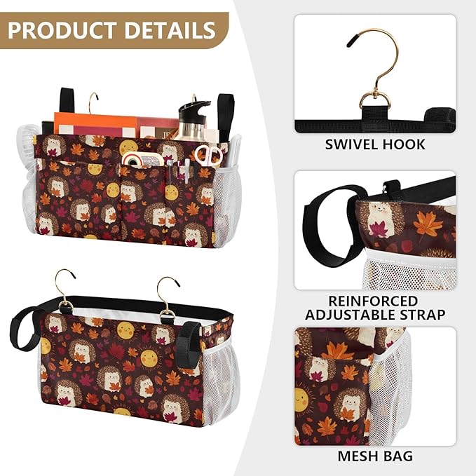 Autumn Leaves Sun Hedgehogs Brown Bedside Caddy for Dorm Bed Bedside Hanging Caddy Bag Iron Frame Storage Organizer Pocket for Bunk Home College Hospital Beds 2 Hooks