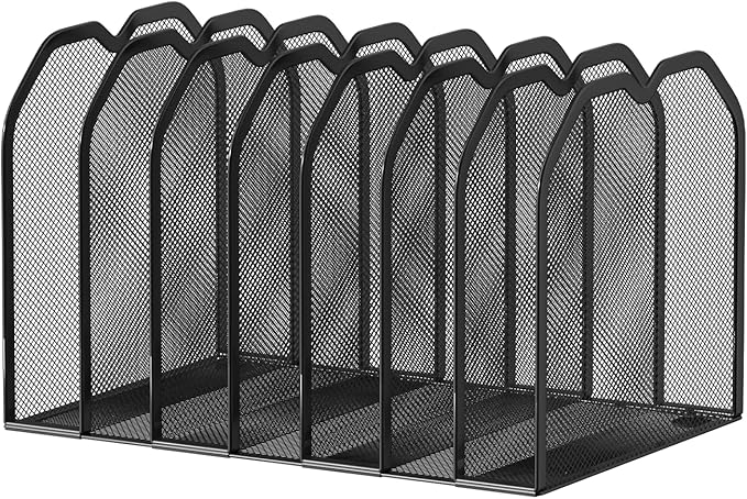 Black 7-Section File Folder Organizer for Desk – Metal Vertical File Holder, Desktop File Organizer Vertical Stand, Letter/A4 Folder Rack, Upright File Sorter, Office Paper Organizer