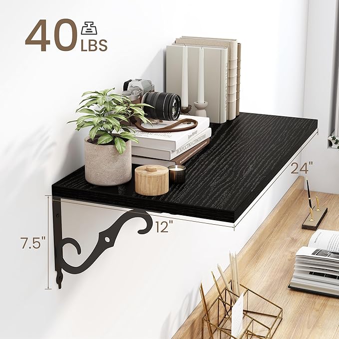 Floating Shelves for Wall, 24"W x 12"D Wall Shelves, 12 Inch Deep Floating Shelf with Bracket, 24 Inch Floating Shelves for Living Room and Bathroom, Display & Storage Shelves, Black, Set of 2