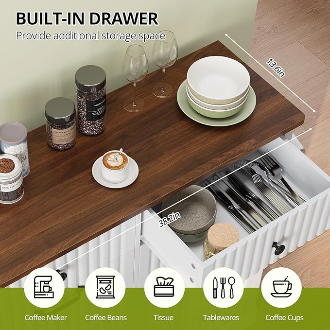 Double Tilt Out Trash Can Cabinet, 20 Gallon Fluted Laundry Hamper Cabinet with 2 Drawers, Wooden Hidden Garbage Can Cabinets for Kitchen, Living Room, Without Trash Bin or Laundry Hamper, White