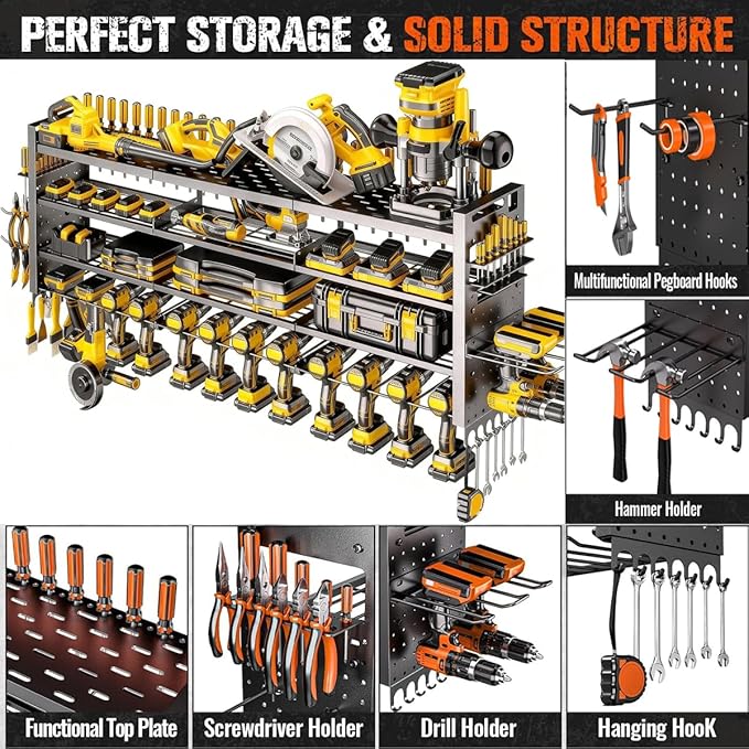 49" W Super Large Power Tool Organizer Wall Mount,Heavy Duty Cordless Tool Organizer with 14 Drill Holder,450 Lbs Capacity 4-Layer Garage Organization for Garage and Workshop (Black)