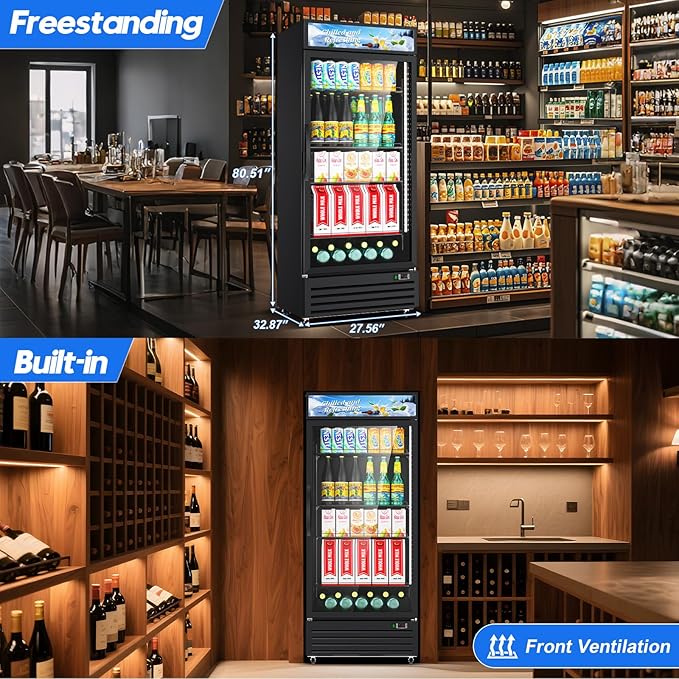 Commercial Beverage Refrigerator with Glass Door, 21.2 Cu.Ft Display Fridge Beverage Cooler with Customizable Lightbox Adjustable Shelves, Drink Fridge Merchandiser for Restaurant Shop, Black