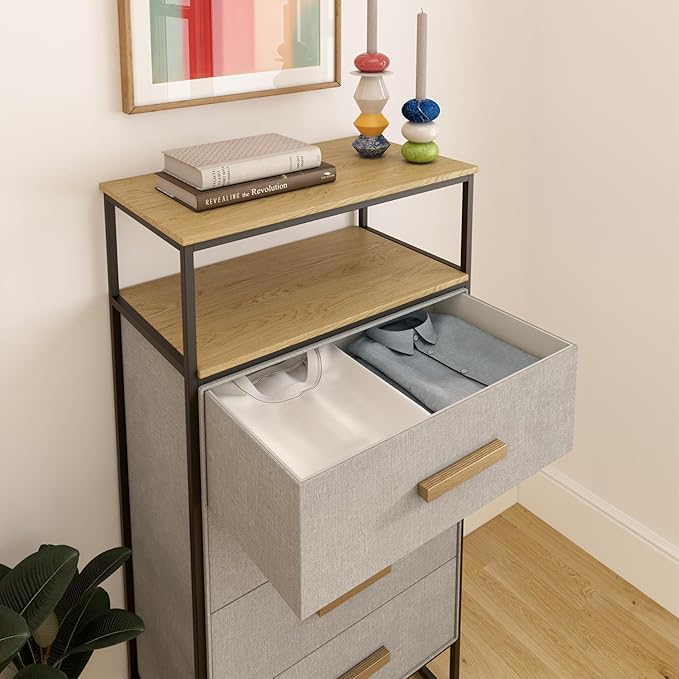 tinge Zana Premium Fabric Dresser - Strong Metal Frame, 4 Spacious Sag-Proof Drawers & Sturdy Wooden Top Shelf - Premium, Sleek & Durable Storage Solution for Your Home (Silver)