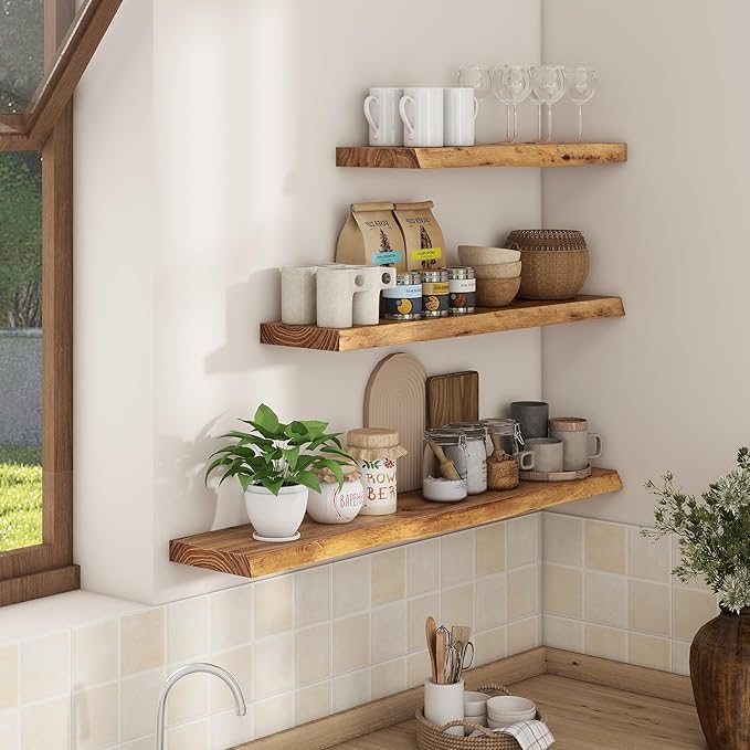 Axeman 32 inch Floating Shelves for Wall - 8'' D Live Edge Rustic Solid Elm Wood Floating Shelves Wall Mounted, Wall Shelves with Invisible Bracket for Living Room Bedroom Kitchen, Set of 2 Natural