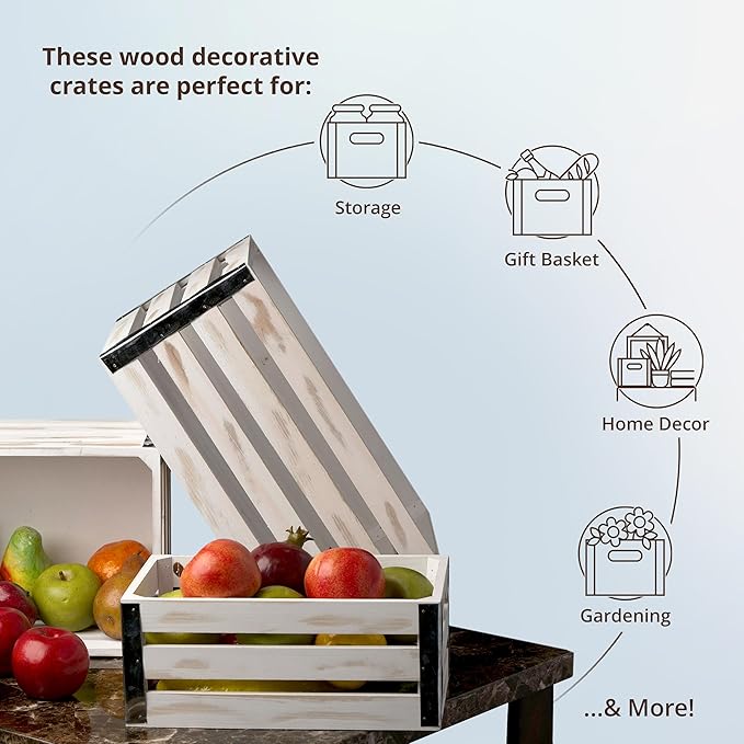 wald imports - Set of 3 White Washed Wooden Crates for Storage - Decorative Wooden Crate Set for Home Decoration & Display - Vintage Storage for Household Goods