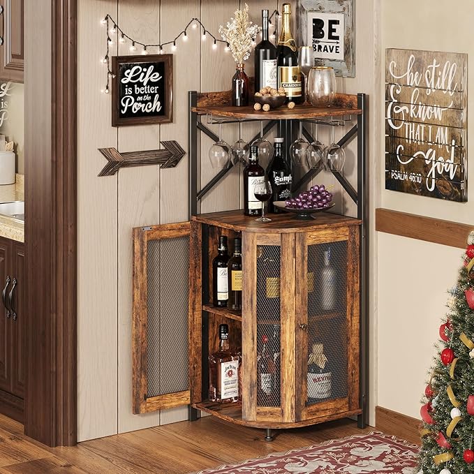 JKsmart Corner Bar Cabinet with Glass Holder,Industrial Wine Cabinet with Mesh Door,4-Tier Wine Cabinet with Open Shelf,Farmhouse Home Bar for Liquor and Wine Storage,Rustic Brown