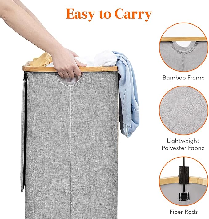 Lifewit 100L Laundry Basket with Lid, Clothes Hampers for Laundry with Bamboo Handles and A Removable Laundry Bag, Large Foldable Hamper for Bedroom, Bathroom, Dorm, Laundry Room, Light Gray