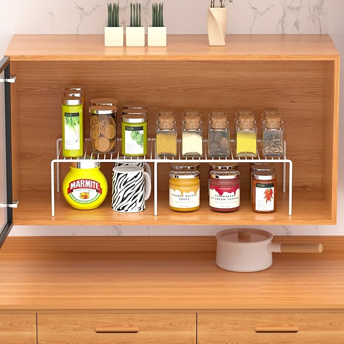 Redrubbit 4-Piece Expandable Metal Rustproof Storage Shelf Rack, Kitchen Counter and Cabinet Organizer, Space Saver for Fridge, Bathroom, White, Set of 2