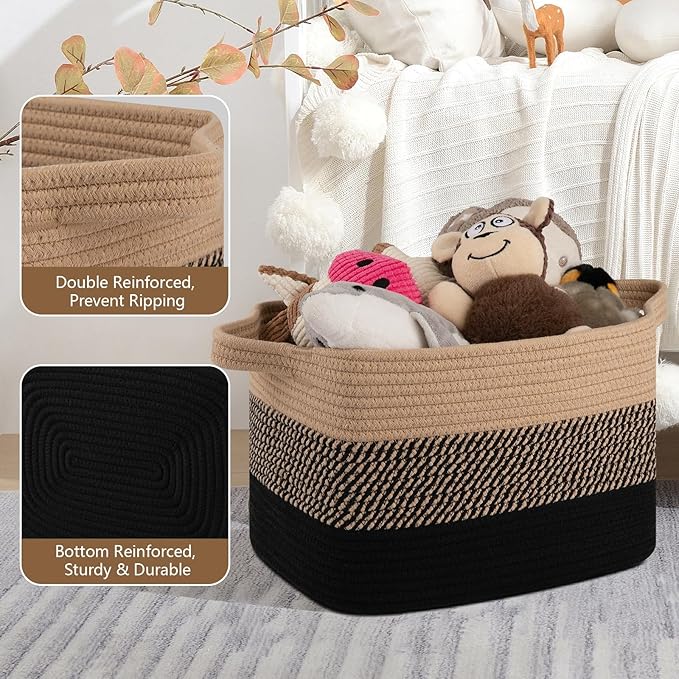 Storage Basket for Organizing, Woven Baskets for Storage, Rectangle Decorative Baskets for Shleves, Closet, Toys, Books, Nursery Organizer Bins - Pack of 3 (Black & Brown, 15.75"x11.8"x9.85")
