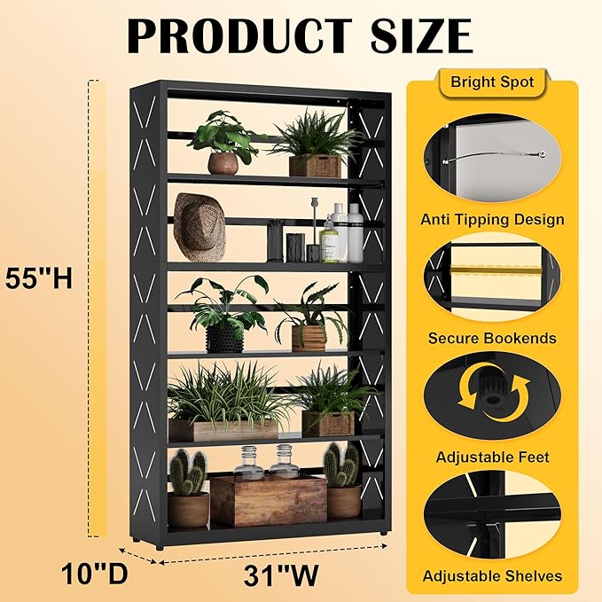 5 Tier Bookcase,Industrial Bookshelf,55" Black Metal Tall Bookshelf with Adjustable Feet and Adjustable Shelves,Home Office Bookcase Shelf Storage Organizer for Living Room、Kitchen