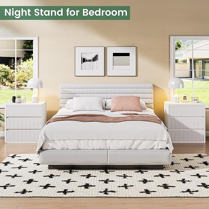 White Nightstand Set of 2, 3 Drawers Night Stand Set, Mid Century Modern Bed Side Table, Large Fluted End Table for Bedroom Living Room Sofa Couch Home Office, Bedside Table with Storage, 24.8” Wide