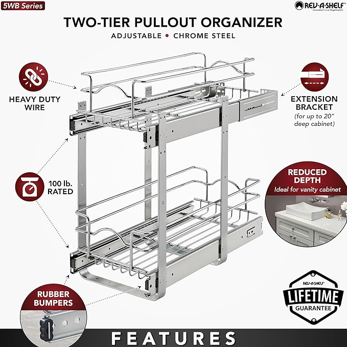 Rev-A-Shelf 2-Tier Kitchen Cabinet Pullout Shelf and Drawer Organizer Slide Out Pantry Storage Basket in Multiple Sizes, 12 x 18 In, 5WB2-1218CR-1