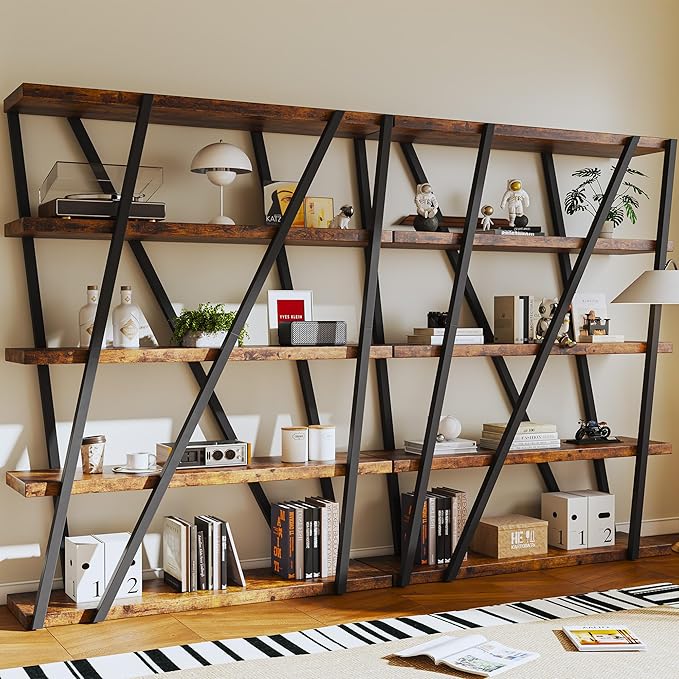 FUSUNBAO Unique 5-Tier Wooden and Metal Frame Bookshelf,Vintage Industrial Modern Style Tall Bookcase,72 "H x 12 "W x 47" L,Rustic Large Wooden Shelf,Display Shelf for Home Office,Retro Brown